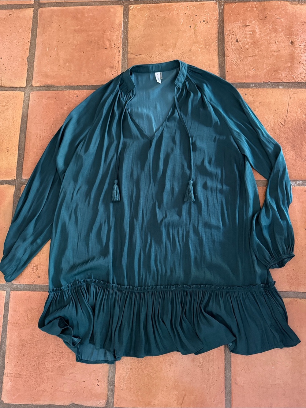 glam Teal Long-Sleeve Tassel Swim Cover-Up Tunic